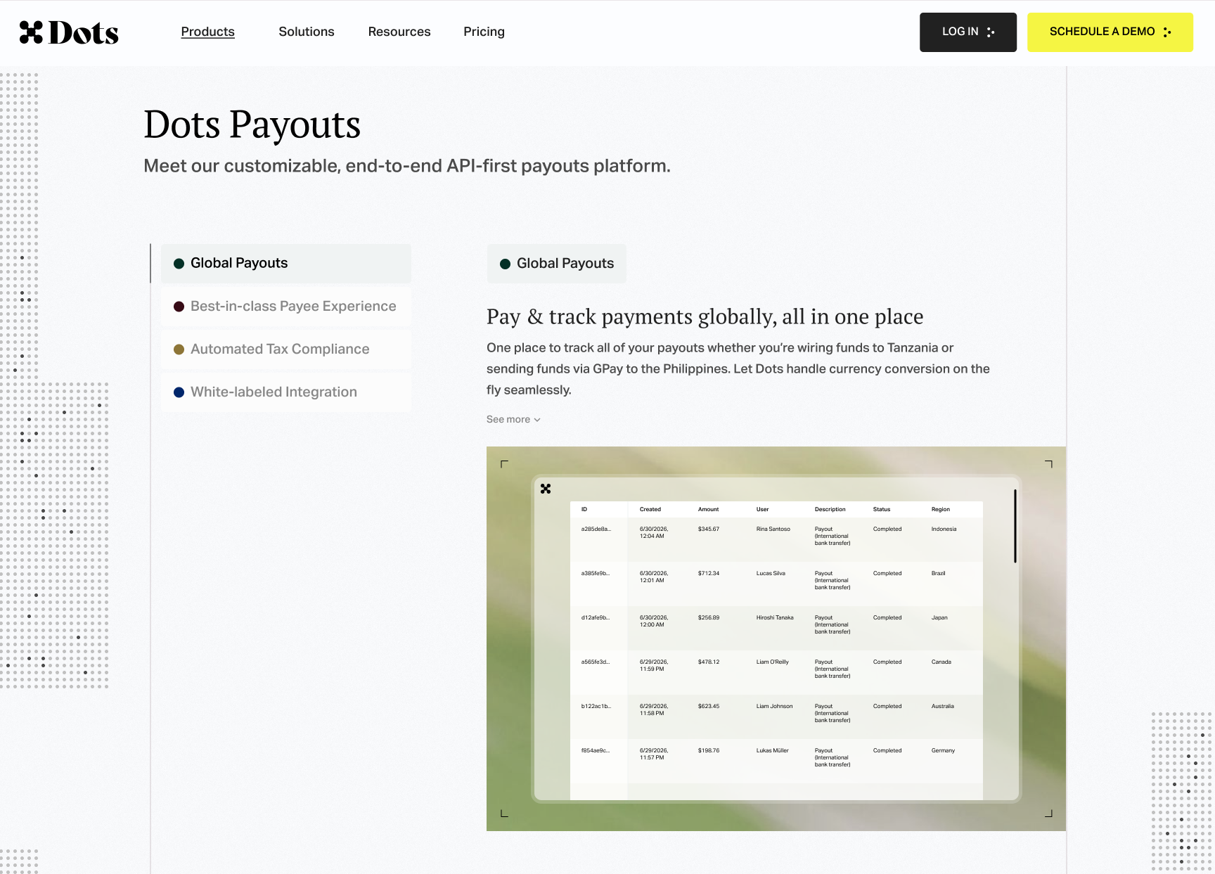 Dots payouts infrastructure website redesign preview
